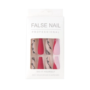24pcs long coffin false nails with red floral patterns and matte finish in window box