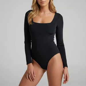 Women's Y2K athletic long sleeve bodysuit with square neck in black slim fit stretch fabric