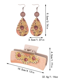 Detailed dimensions of western sunflower cactus hair claw and matching teardrop earrings