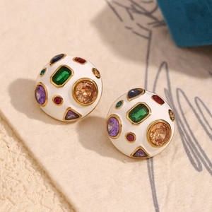 18K gold plated hemisphere stud earrings with white enamel and colorful cubic zirconia