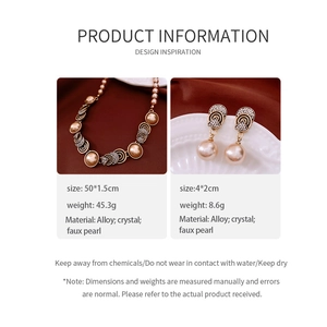 Detailed spec sheet of vintage gold necklace and pearl earrings set with dimensions