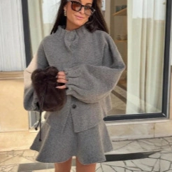 Women Knit Wool Blend High Neck Puffy Sleeve Top And A-Line Short Skirt Casual Streetwear Outfits