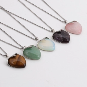 Heart Shaped Natural Stone Pendant Necklace With Stainless Steel Rope Chain For Men Women Vintage Hip Hop Style