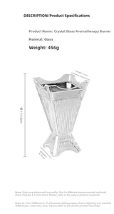 Detailed specs of glass aromatherapy burner with height 14.6cm and weight 456g