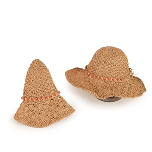 Handwoven khaki straw sun hat with wide brim, colorful beaded band, and foldable design
