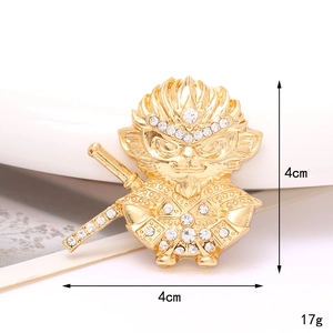 Golden Sun Wukong brooch with white rhinestones, 4x4cm size and 17g weight details