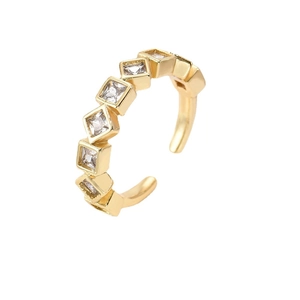 Minimalist gold-plated adjustable open ring with 7 square-cut cubic zirconia stones