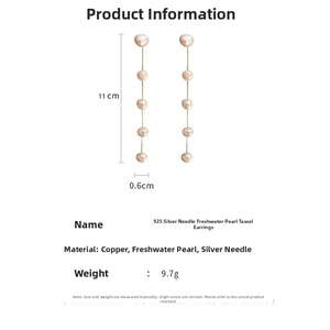 Detail showing S925 needle natural freshwater pearl tassel earrings with dimensions 11cm by 0.6cm