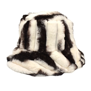 Close-up of black and white striped faux fur bucket hat showing soft plush winter texture