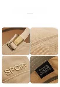 Detail of SPORT embroidery and bronze metal buckle on a cotton flat top cap
