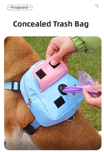 Detail showing the pet backpack with integrated poop bag dispenser and blue waterproof fabric