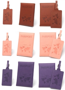 Detailed view of world map embossed PU leather passport holder and luggage tag set
