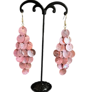 Pink shell fringe tassel hook earrings with bohemian layered diamond shape dangle design
