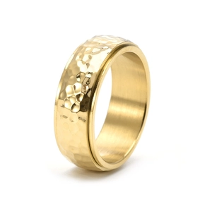 Golden honeycomb hammered texture rotating fidget ring in stainless steel for men