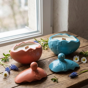 Egg-shaped ceramic candle jars with embossed floral patterns and wooden wicks