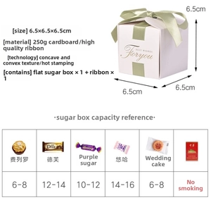 Detail showing pink 6.5cm wedding favor box with gold foil text and green ribbon