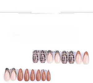 Detail of almond-shaped press-on nails with brown, marble grid, and gold-trimmed French designs