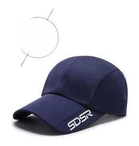 Close-up of navy blue quick-dry baseball cap featuring micro-grid fabric and SDSR logo