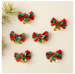 Detail of 6pcs red and green plaid Christmas bows with golden bells and red berries