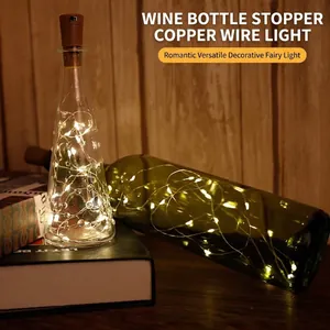Warm white LED copper string lights with cork stopper for decorative wine bottle display