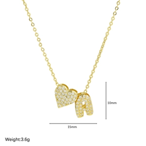 Gold balloon heart and letter A pendant necklace with white zircons for women