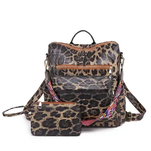 Chic leopard print backpack set for women with matching pouch and colorful woven strap
