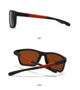 Side and back view of sports sunglasses with matte black frames and red textured temples