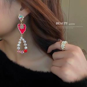 Vintage long tassel earrings with red drip heart and multicolored crystal water drop