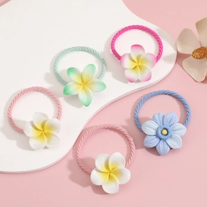 Set of 5 elastic hair ties for girls with colorful plumeria flower charms and spiral bands
