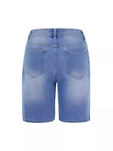 Women's slim fit light blue denim shorts with faded wash finish showing the back view