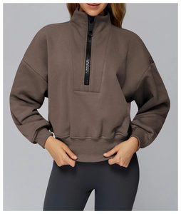Detail of coffee-colored half-zip sweatshirt with a high stand collar and black zipper