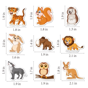Detailed size guide of cute cartoon animal stickers featuring lion, tiger and rabbit designs