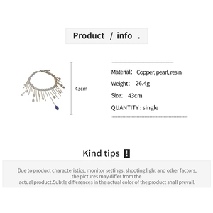 Detailed product card showing French vintage pearl tassel necklace with copper and resin parts