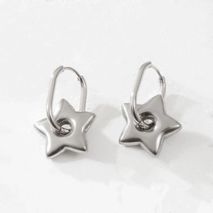 Polished silver stainless steel star charm hoop earrings with minimalist design for women