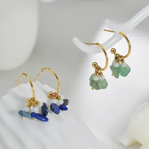 French style gold plated C-shaped hoop earrings with colorful natural crushed stones