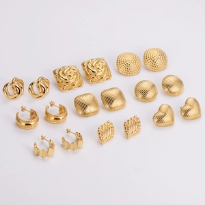 Collection of vintage 18k gold plated titanium steel earrings with textured geometric designs