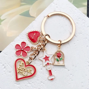 Romantic Gold Red Enamel Heart Rose Magic Wand Keychain For Women Cute Flower Lipstick Keyring Pendant Valentine's Day Jewelry Gift