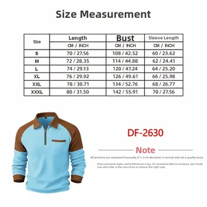 Detailed size chart for waffle textured quarter-zip polo shirt with cm and inch measurements