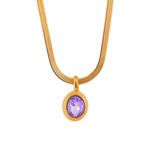 Detailed close-up of a gold flat snake chain necklace with a purple oval zircon pendant
