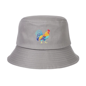 Gray cotton bucket hat with colorful rooster embroidery and stitched brim on white backdrop