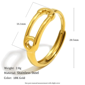 Minimalist 18K gold plated stainless steel safety pin ring with size measurements