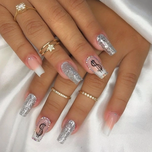 Long Coffin Press On Nails Pink Gradient Silver Glitter Dollar Sign Rhinestone Elegant False Nails For Women