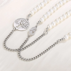 Religious style pearl rosary necklace with silver tree of life and virgin mary pendant