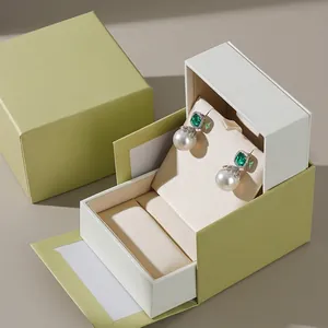 Luxury matcha green silk jewelry gift box for earrings and necklaces with a ribbon bow