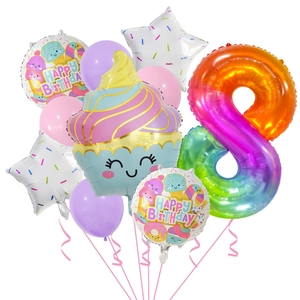 Detail of 8th birthday party balloon set with rainbow number 8 and cupcake balloon