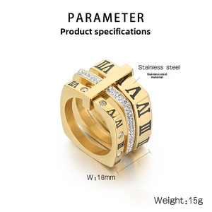 Detail of wide gold-plated stainless steel band with Roman numerals and pavé set crystals