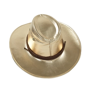 Metallic gold PU leather cowboy hat with brown braided rope accent and curved brim