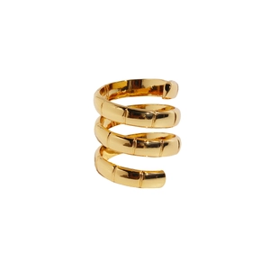 Polished gold plated brass ring with spiral bamboo stack design in a wide band style