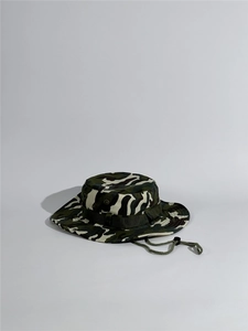 Detail of army green camouflage sun hat featuring side vents and adjustable chin strap