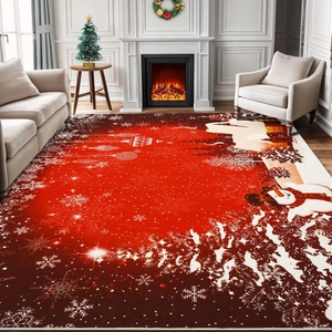 Close-up of festive Christmas rug featuring a snowman and reindeer in a cozy living room